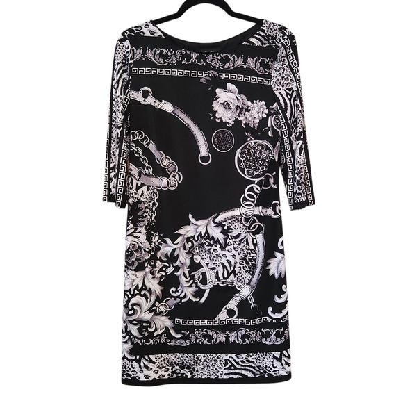 Cartise Sheath Dress Floral Chains Print, black, white, silver 3/4 sleeve sz 10 - Picture 1 of 12
